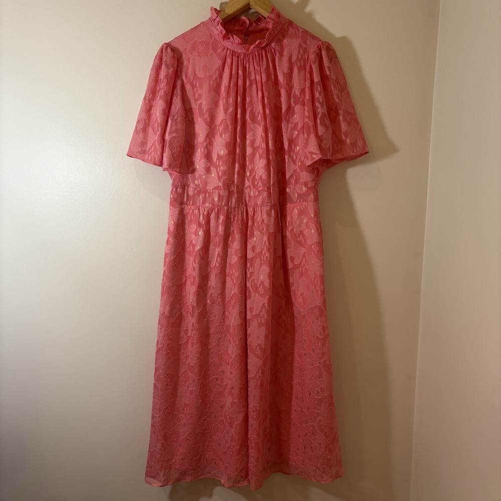 Maia Womens Midi Dress 16 Pink Gold Ruffled Bright Flutter Sleeve Feminine Fairy